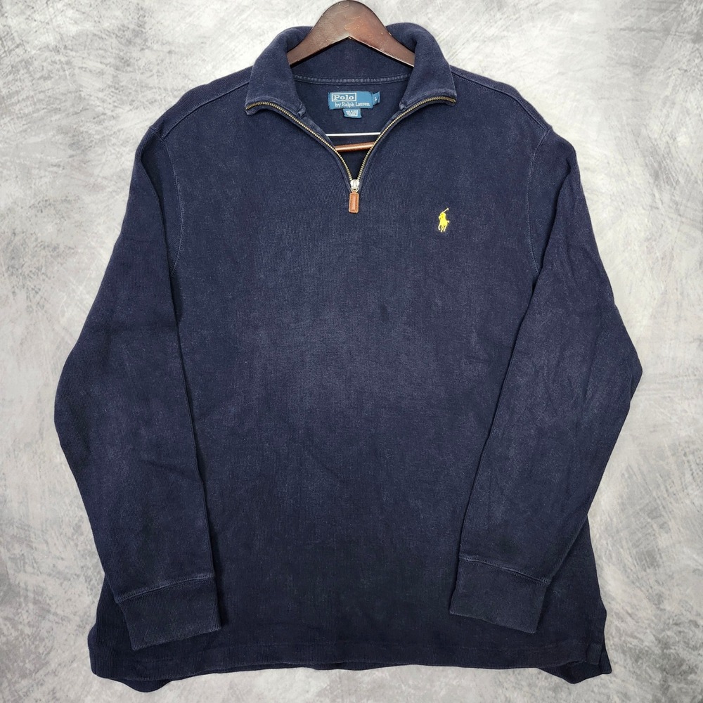Polo Ralph Lauren Quarter Zip Navy Pullover Sweater Mens Large Yellow Pony Knit